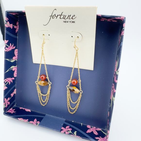 Fortune New York Chain Drop Earrings Gold Tone with Red and Amber Beads - Picture 3 of 5